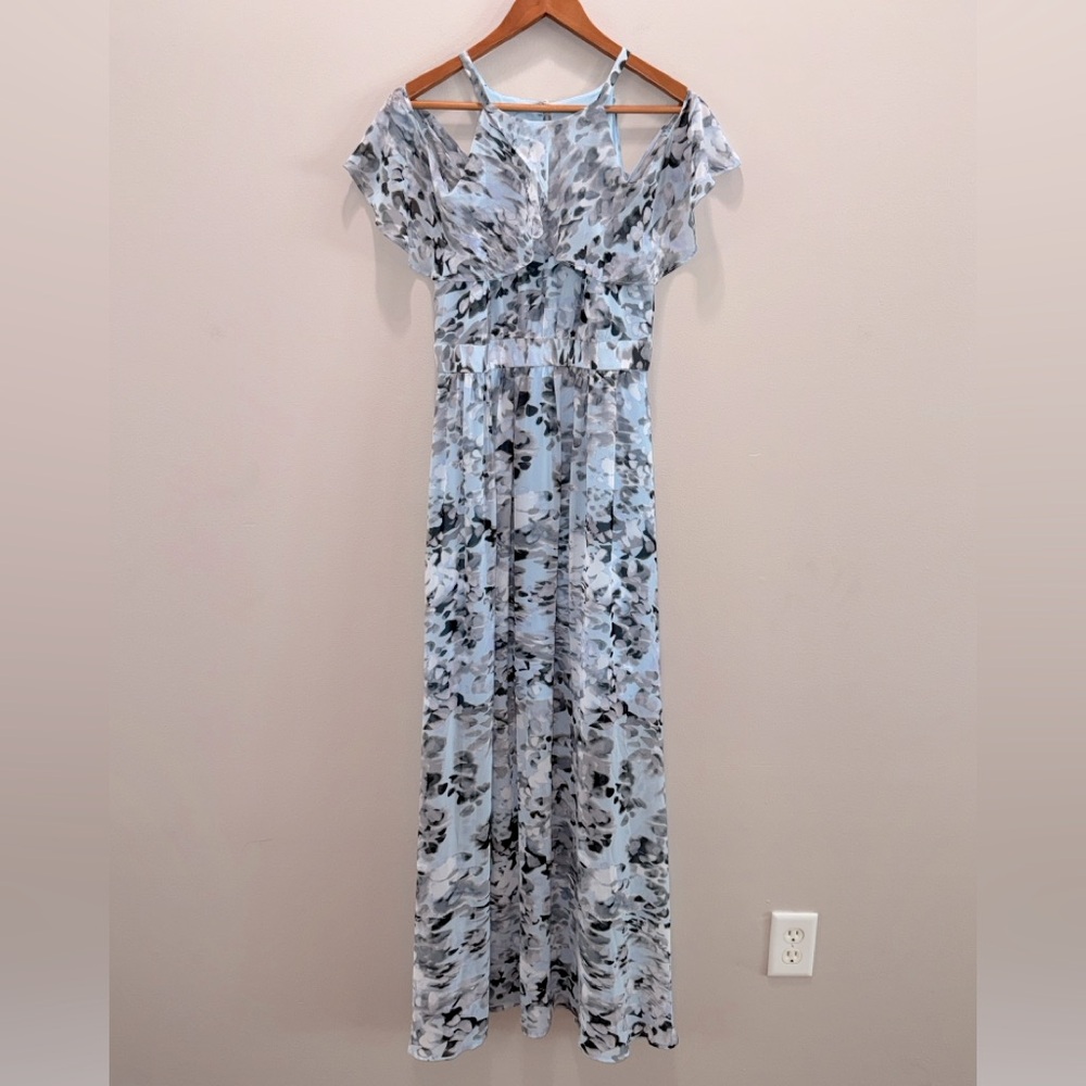 Vince Camuto blue/gray floral cold shoulder halter lined ruffle maxi dress sz 8 - Picture 8 of 11